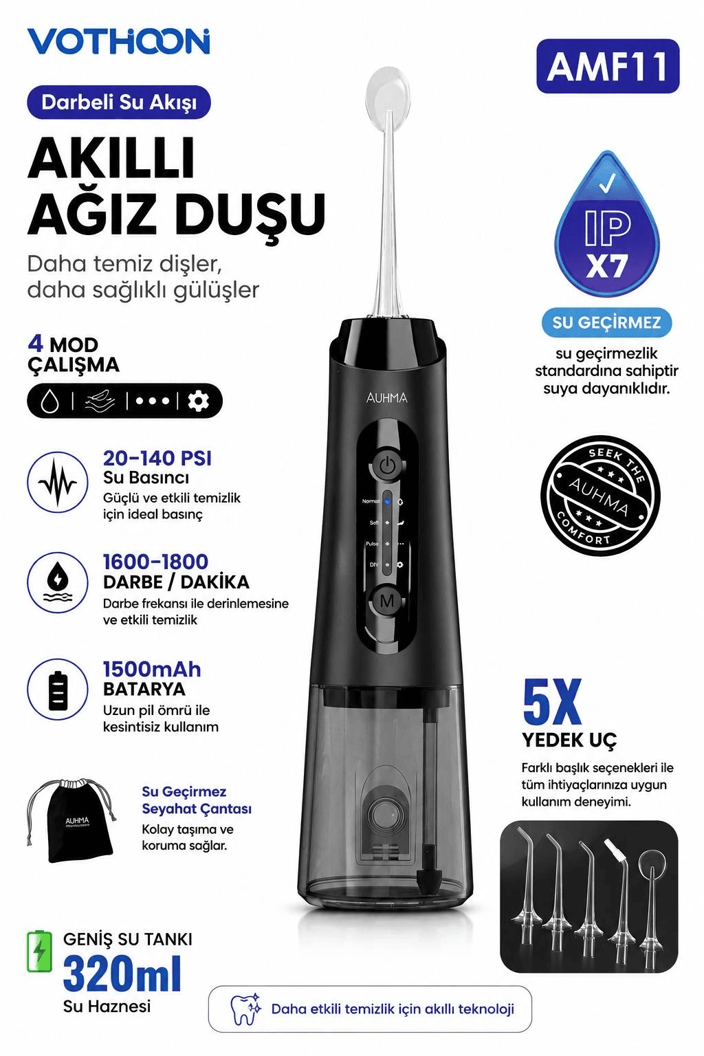 Şarjlı Ağız Duşu Diş Bakım Cihazı 4 Modlu Diş Arası Temizleyici 320ml 5 Başlıklı 1500 Mah Kablosuz