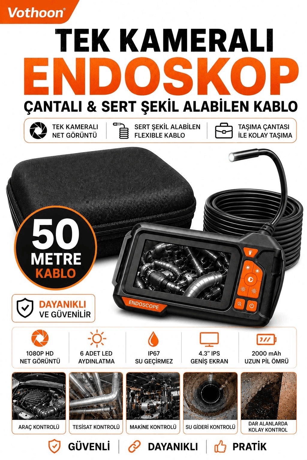 Ekranlı Tek Kameralı 50 Mt Sert Kablo Yılan Endoskop Kamera 8 Mm 4.3 Inc