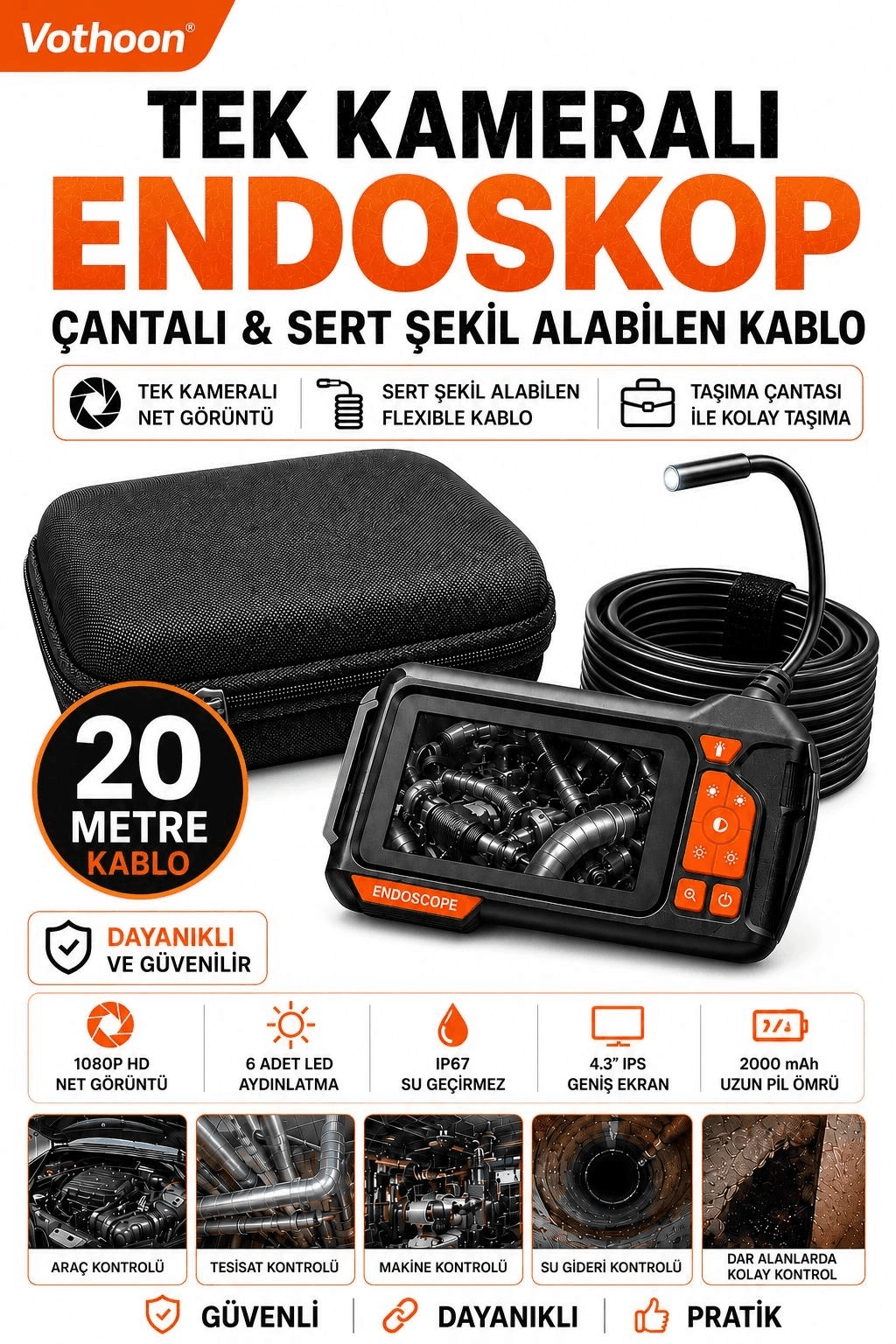 Ekranlı Tek Kameralı 20 Mt Sert Kablo Yılan Endoskop Kamera 8 Mm 4.3 Inc