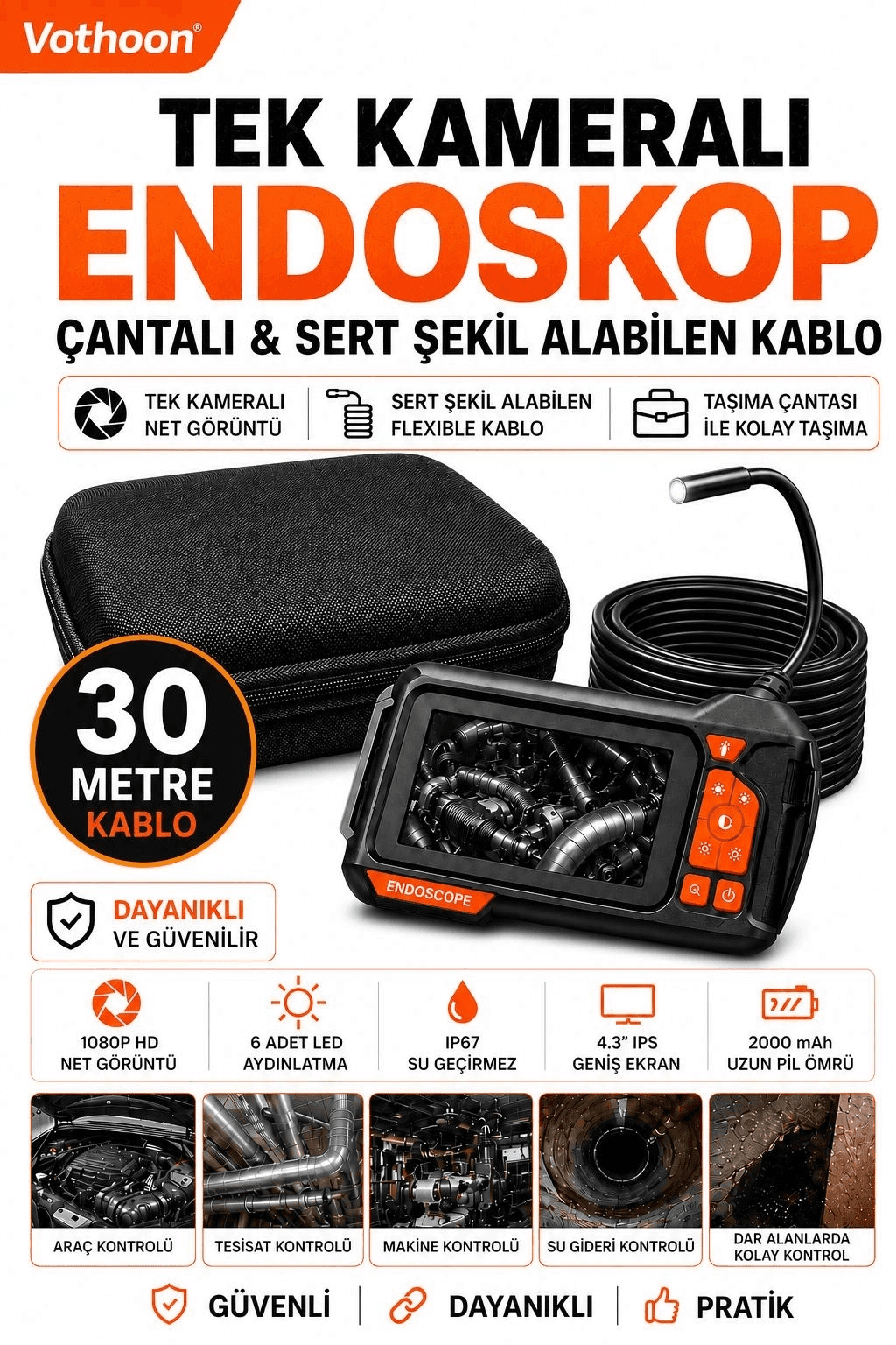 Ekranlı Tek Kameralı 30 Mt Sert Kablo Yılan Endoskop Kamera 8 Mm 4.3 Inc