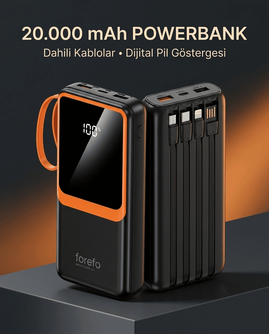1. Çoklu Çıkışlı 20000 Mah Powerbank Entegre Kablolu Dijital Ekranlı Taşınabilir Şarj Cihazı