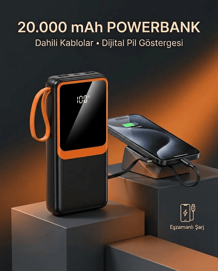 20000 Mah Dijital Ekranlı Powerbank Çoklu Bağlantı Uçlu Taşınabilir Yedek Batarya