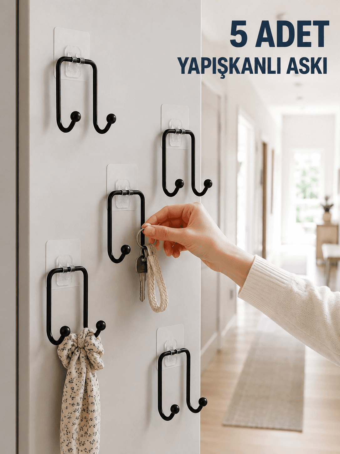 5 Adet Yapışkanlı Duvar Askısı Çok Amaçlı Pratik Askılık Seti