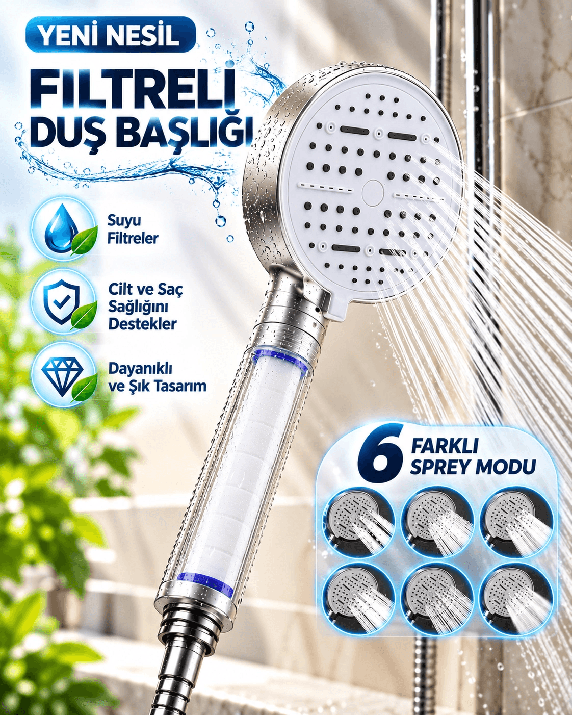 6 Modlu Filtreli Duş Başlığı Büyük Panel Su Tasarruflu Çok Fonksiyonlu Beyaz Duş Başlığı