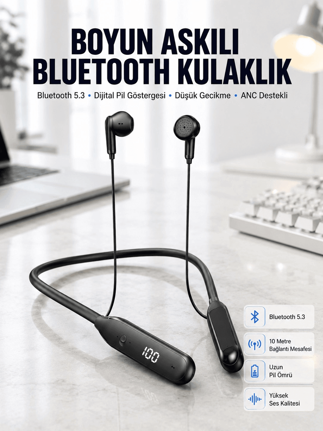 60 Saat Kablolu Boyun Askılı Dijital Göstergeli Bluetooth Kulaklığı Yeni Nesil