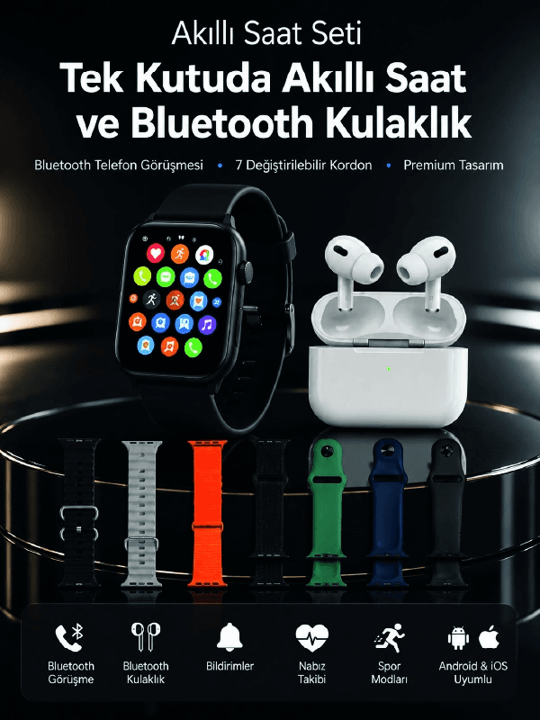 7 Kordonlu Akıllı Saat Ve Bluetooth Kulaklık Seti Nabız Takibi, Bildirimler Ve Spor Modları