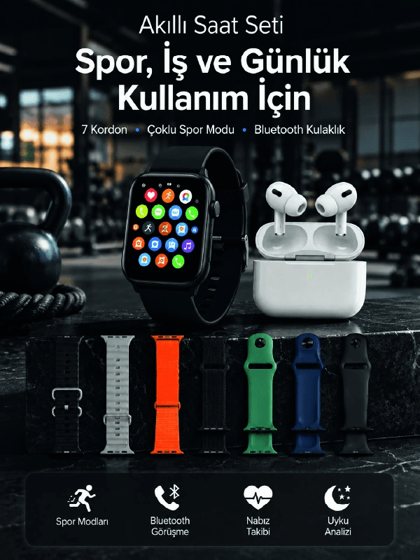Akıllı Saat, Bluetooth Kulaklık Ve 7 Farklı Kordon Tek Kutuda Günlük Kullanım Ve Spor İçin