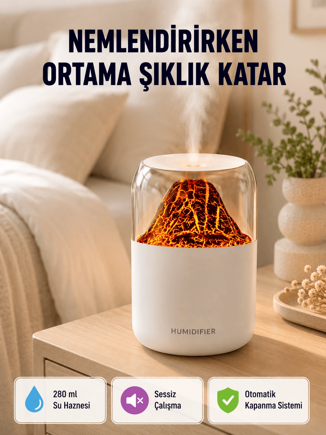 Alev Efektli Ultrasonik Uçucu Yağ Difüzörü 280ml Su Tanklı Ve Sessiz Çalışma Özellikli