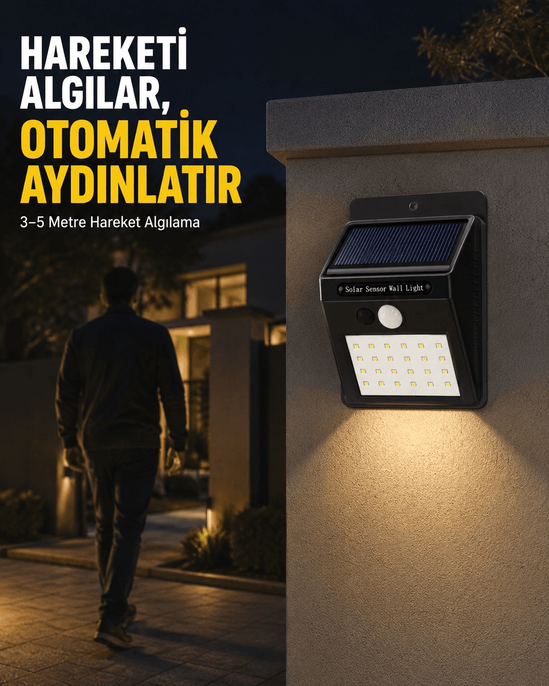 Bahçe Ve Veranda İçin Güneş Paneli İle Otomatik Şarj Olan Led Duvar Lambası