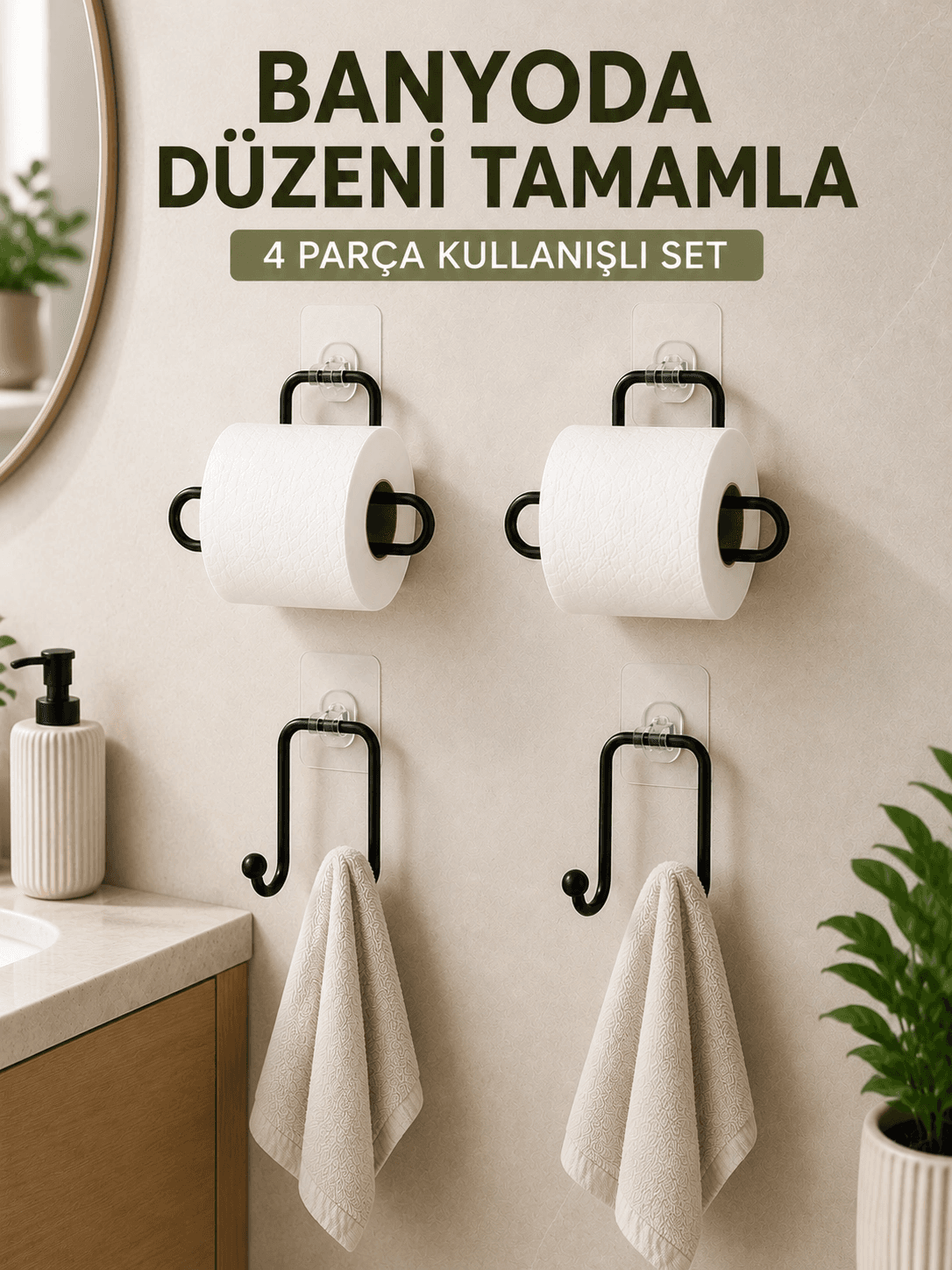 Banyo Ve Mutfak İçin 4 Parça Set 2 Adet Kağıtlık 2 Adet Havlu Askısı