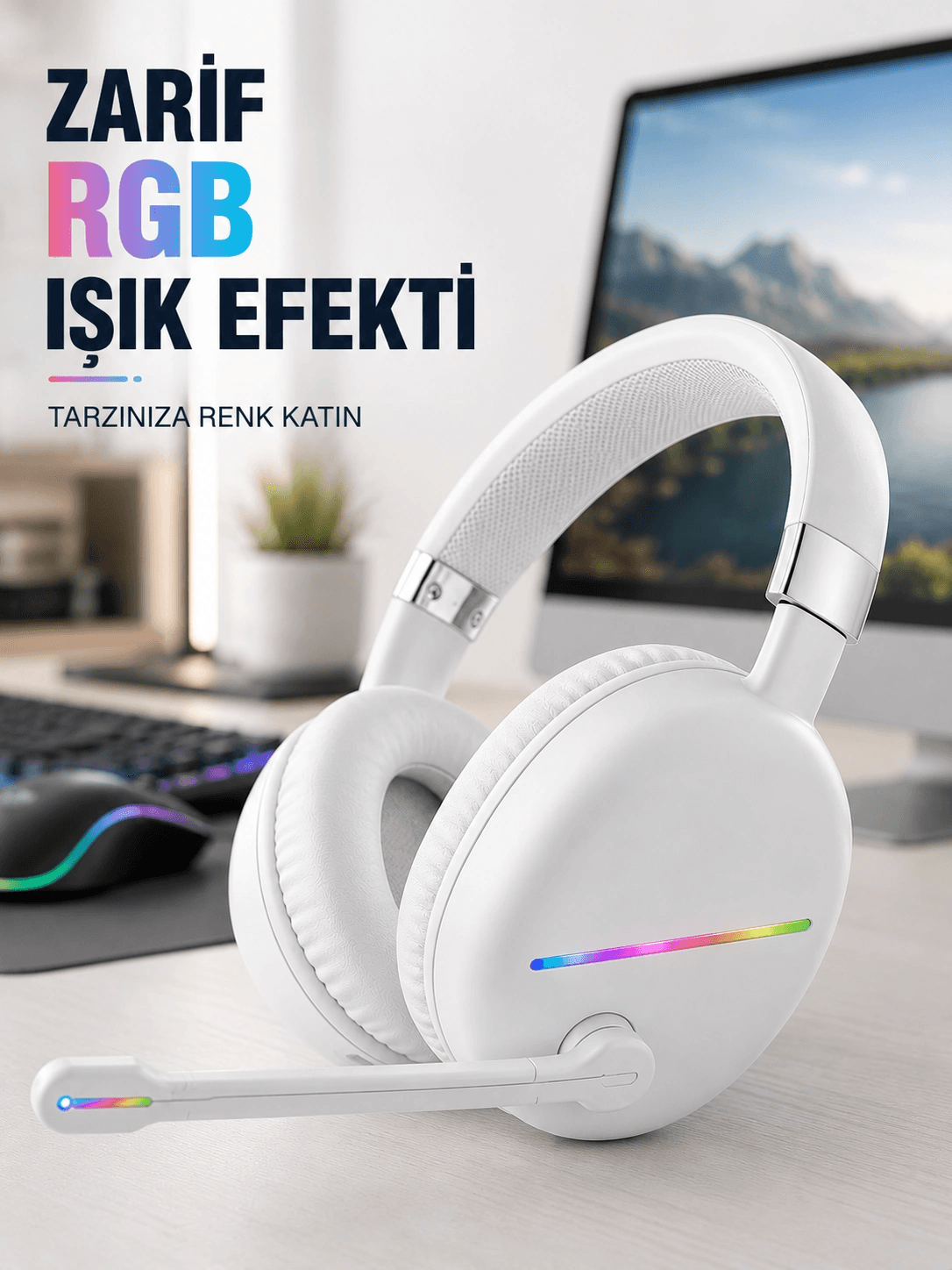 Bluetooth 5.0 Beyaz Kulak Üstü Kablosuz Kulaklık Mikrofonlu Rgb Aydınlatmalı