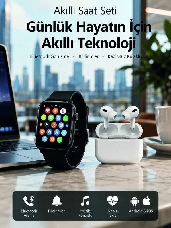 Bluetooth Arama Özellikli Akıllı Saat Seti Kablosuz Kulaklık Hediyeli, Android & İos Uyumlu