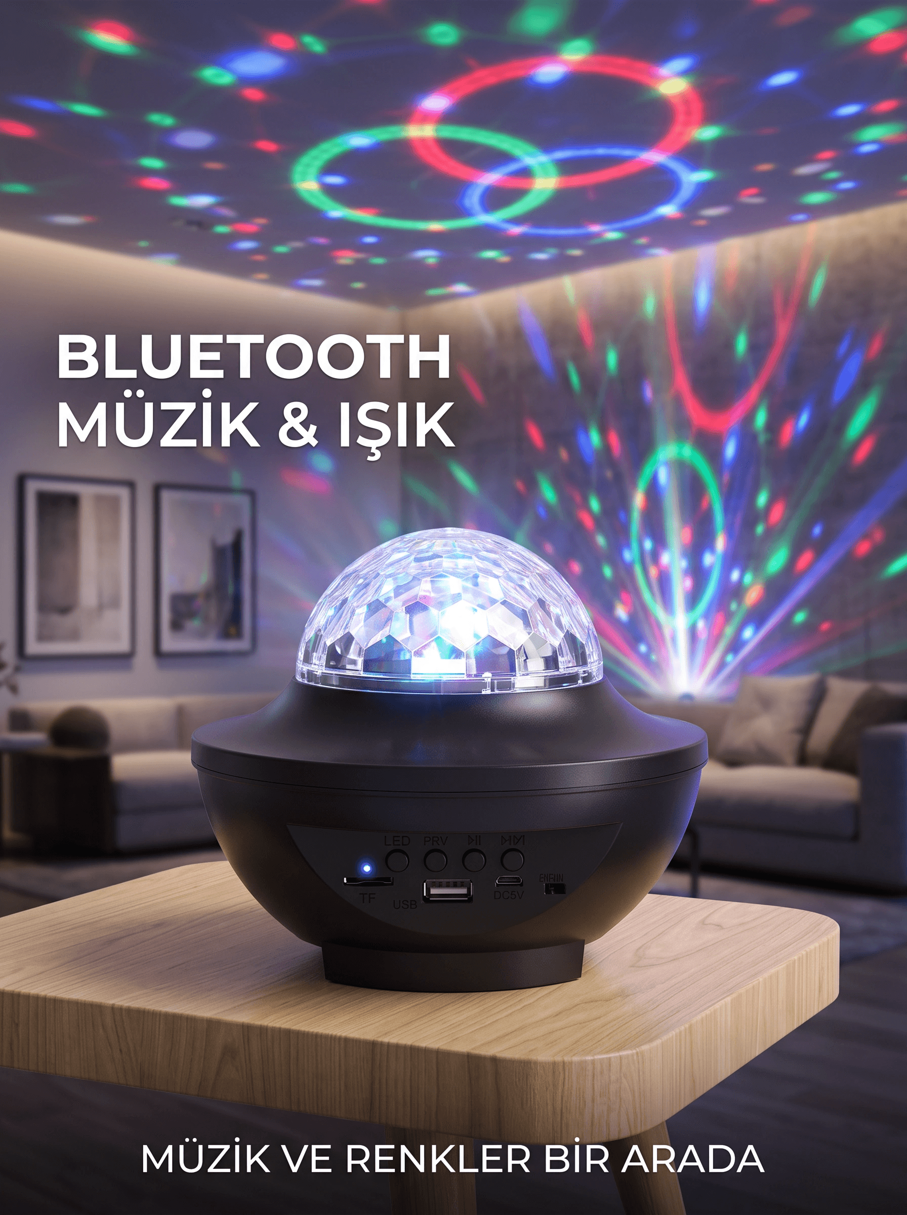 Bluetooth Hoparlörlü Rgb Disko Işığı Müzikli Parti Lambası Usb Tf Kart Destekli