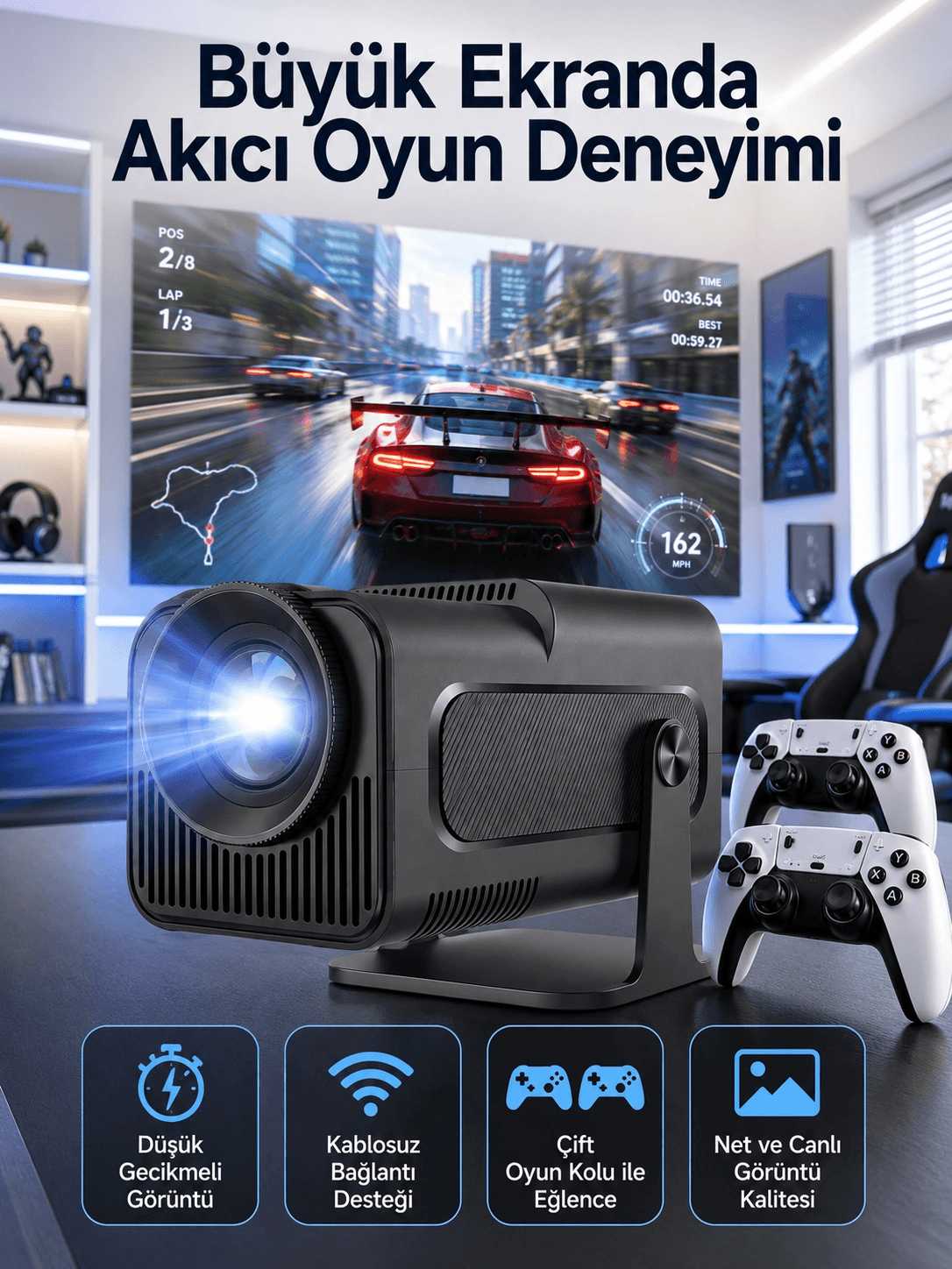 Çift Kollu Game Box Projeksiyon Cihazı Kumandalı Android Tv Dahili Hoparlör