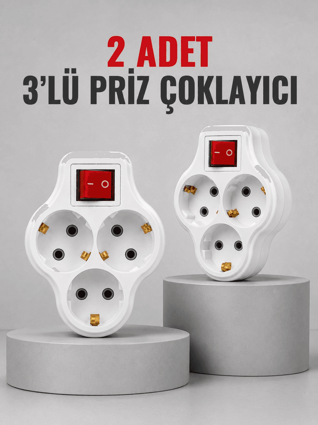 Direkt Duvar Prizine Takılan 3’lü Priz Adaptörü Anahtarlı Priz Çoklayıcı 2 Adet