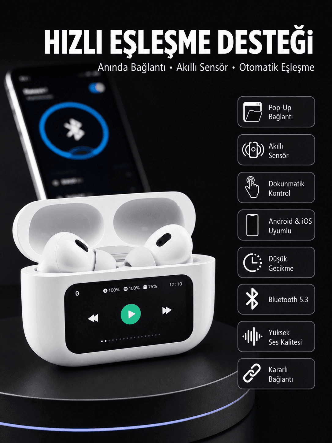 Dokunmatik Ekranlı Anc/enc Yeni Nesil Pro Bluetooth Kulaklık Dokunmatik Ekran Yeni Nesil