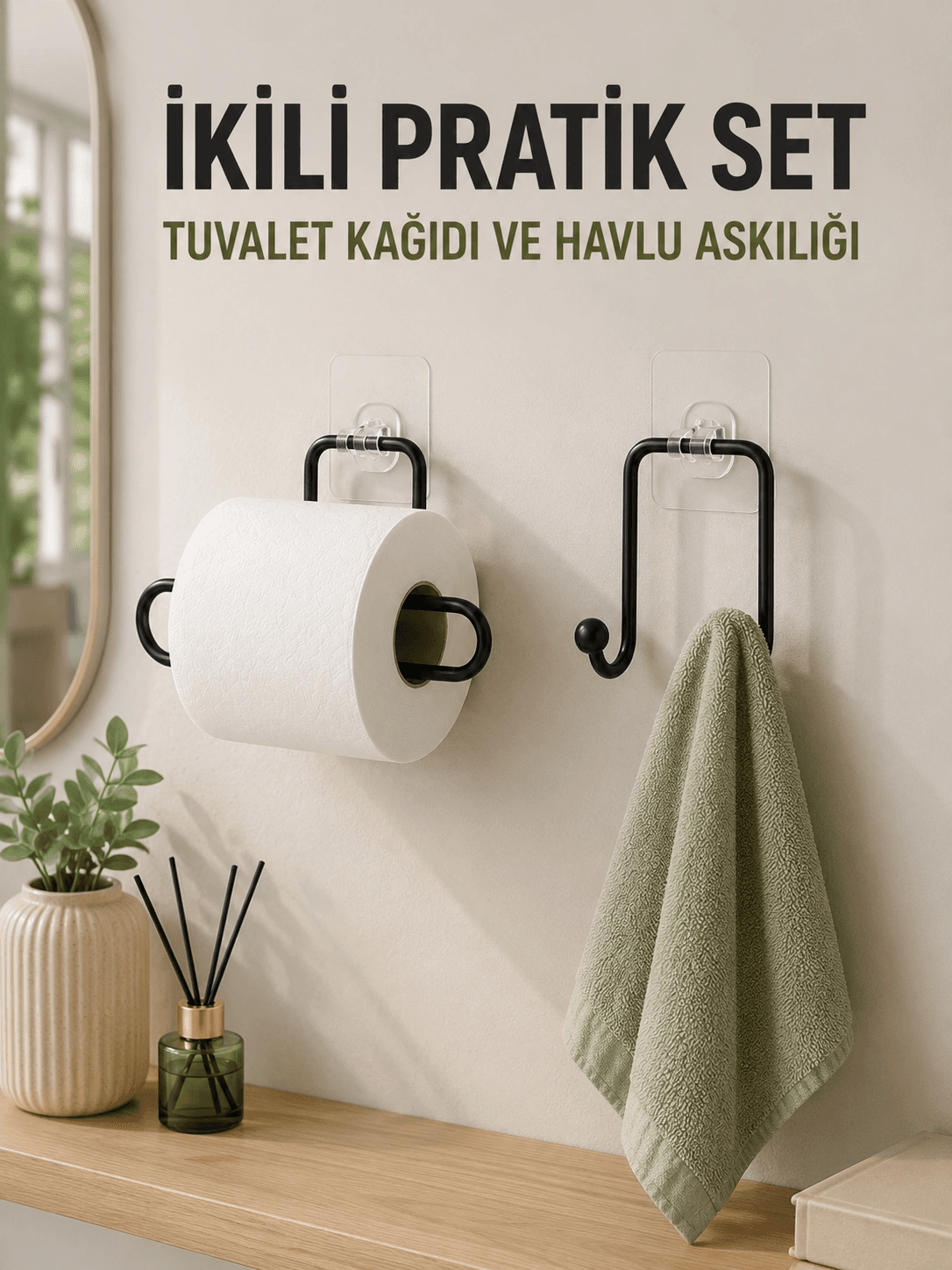 Duvara Yapışkanlı 2’li Düzenleme Seti Havlu Askısı Ve Tuvalet Kağıdı Tutucu