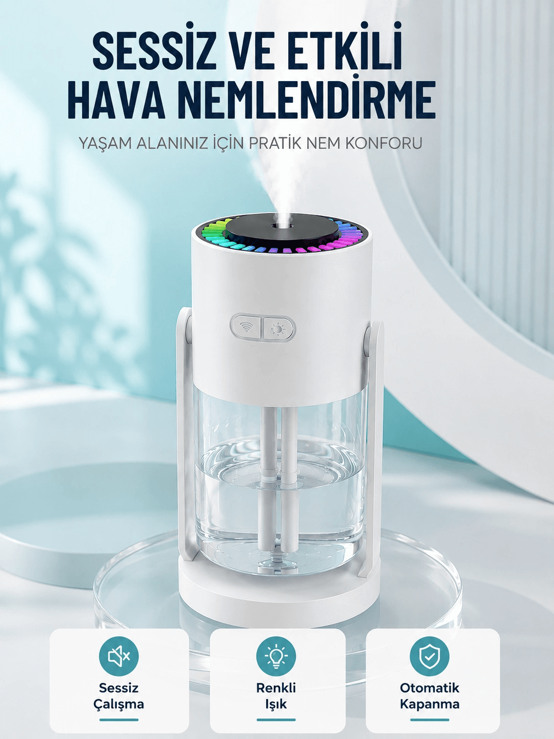 Hava Nemlendirici Led Işıklı Sessiz Çalışan Otomatik Kapanmalı Masaüstü Nemlendirme Cihazı