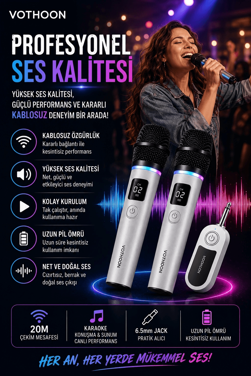 Kablosuz Karaoke Çift Mikrofon 6.5 Mm Sahne Parti Düğün Aktivite Amfi Hoparlör