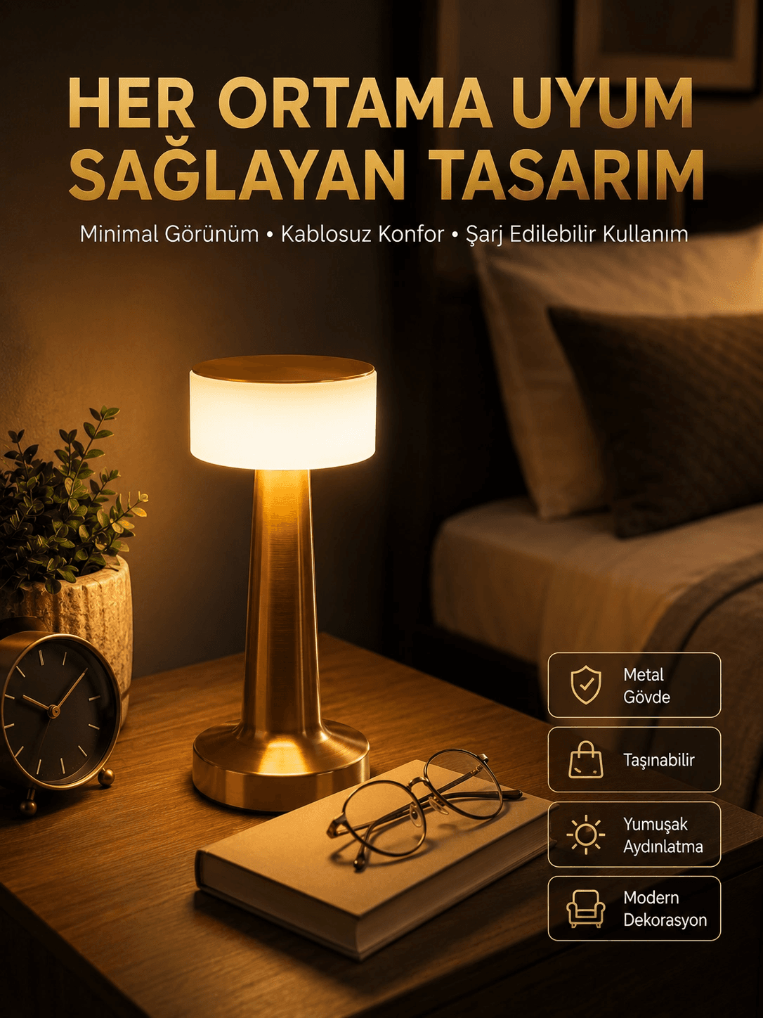 Kablosuz Renkli Masa Ve Gece Lambası Altın Rengi Dokunmatik Led Lamba