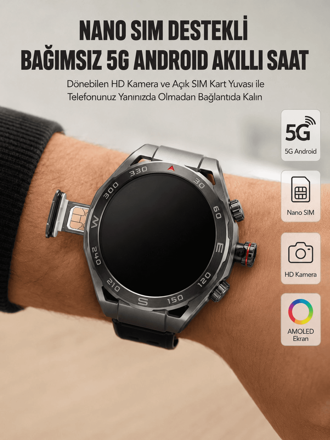 Kameralı 5g Android Akıllı Saat Amoled Ekran Wi-fi Gps Sım Kart Destekli