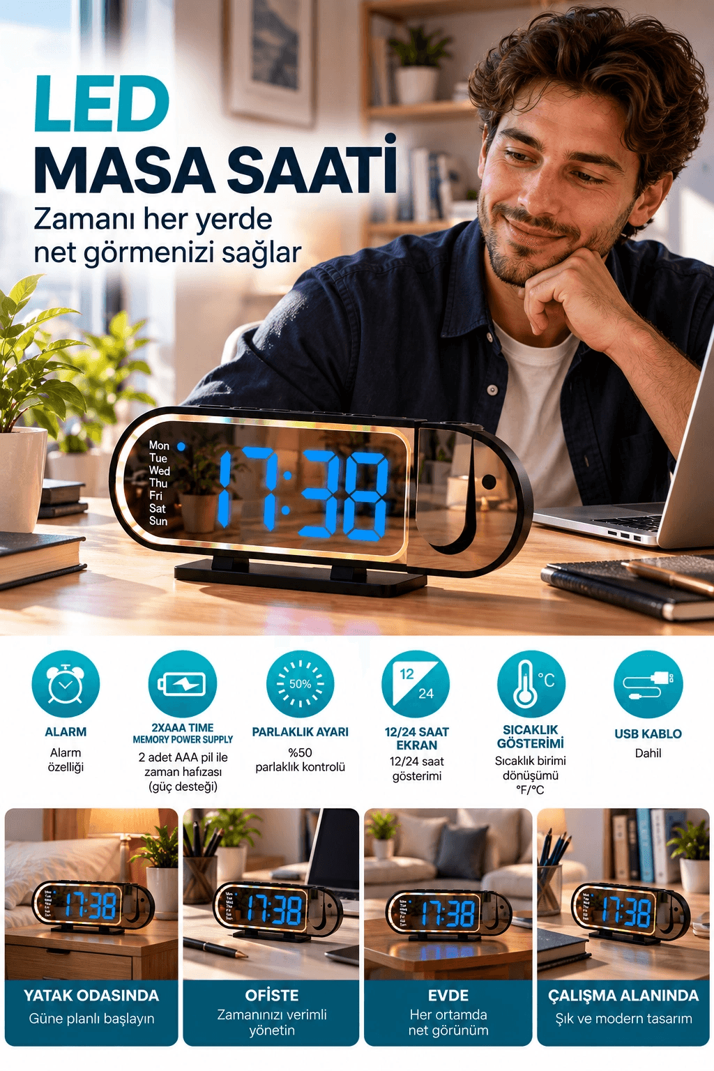 Modern Dijital Led Masa Saati Alarm Özellikli 12 24 Saat Seçenekli Sıcaklık Göstergeli Ekran
