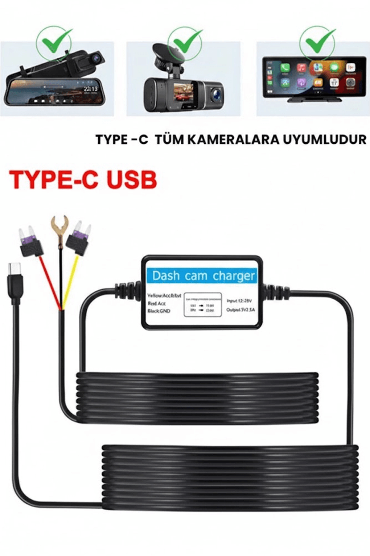 Park Modu Kablosu Type-c Akü Sigorta Bağlantı Kablosu Araç İçi Kamera Tüm Kameralara Uyumlu