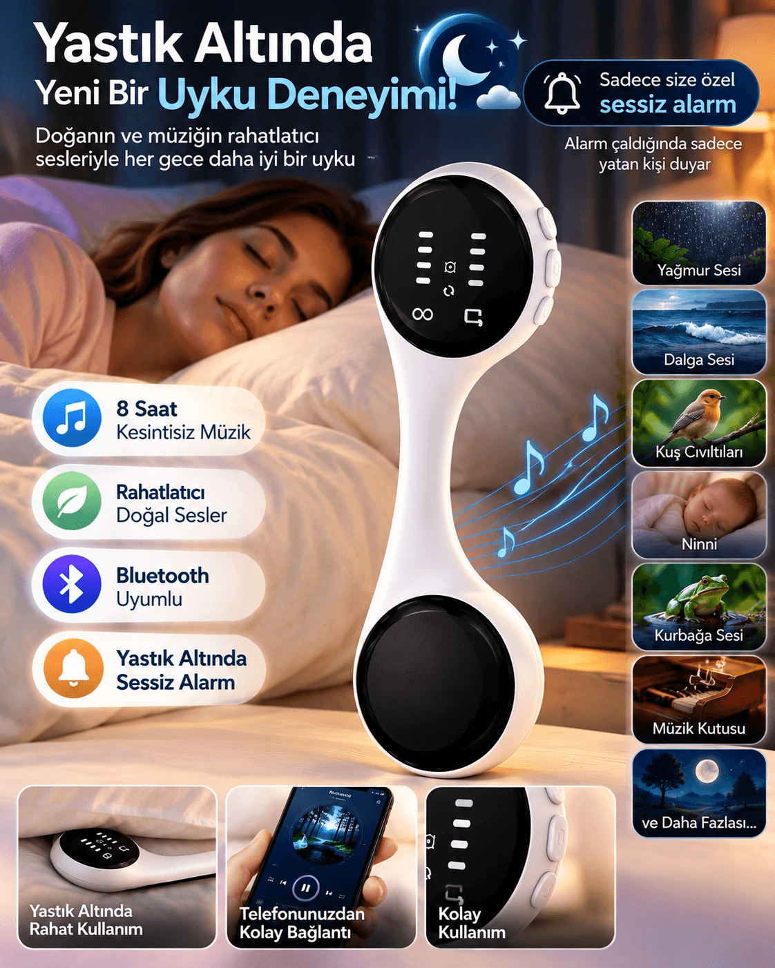 Sessiz Alarm Bluetooth Uyku Hoparlörü Yastık Altı Kullanım Rahatlatıcı Sesler 8 Saat Kesintisiz Müzik