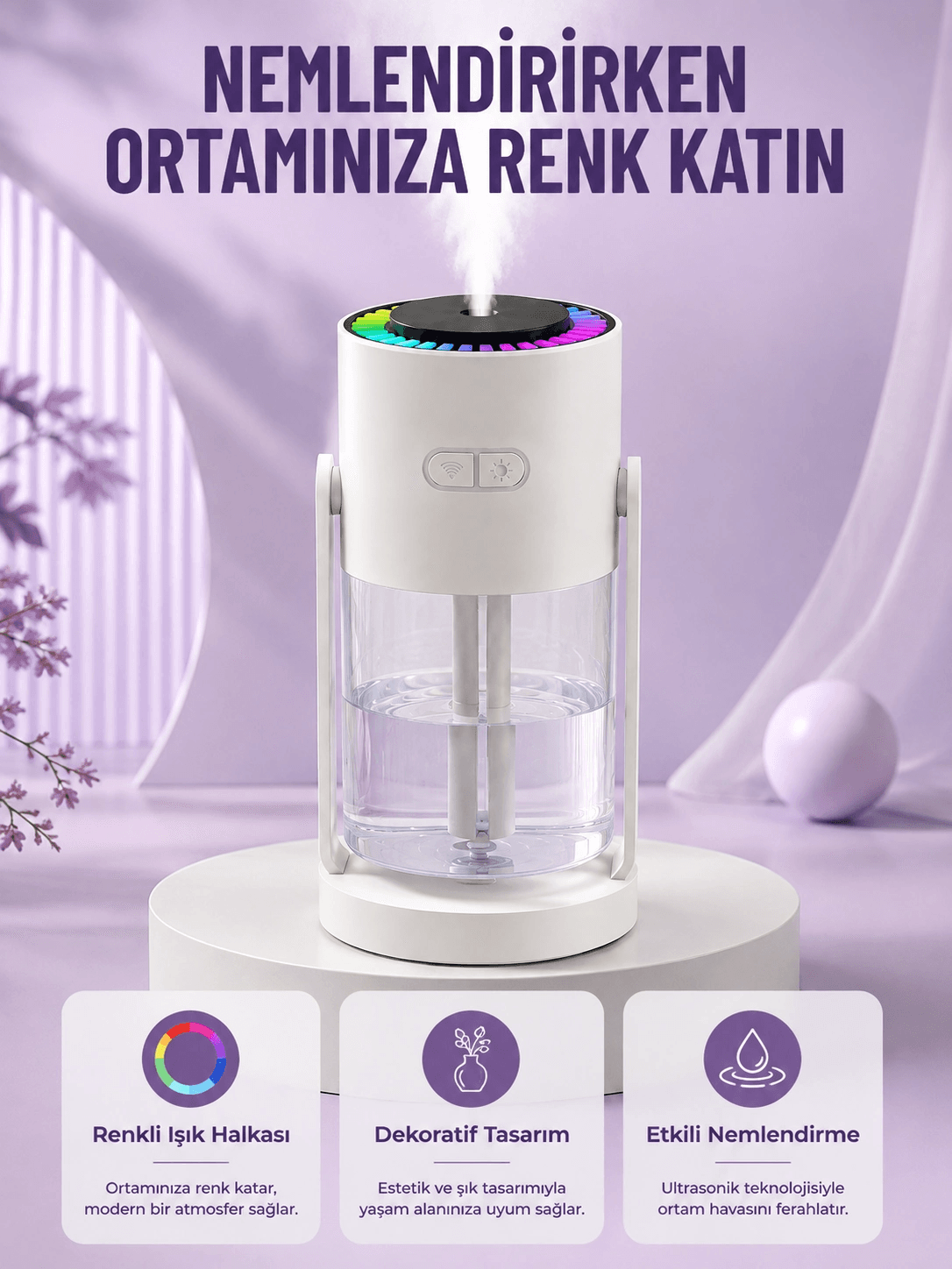 Sessiz Hava Nemlendirici Renkli Gece Işıklı Otomatik Kapanma Özellikli Nemlendirme Cihazı