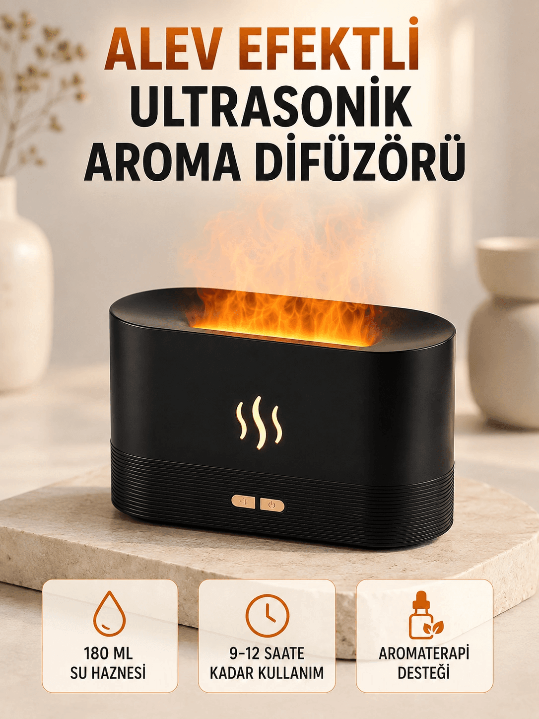 Ultrasonik Aromaterapi Difüzörü 180 Ml Hazneli Dekoratif Alev Efektli Nemlendirici
