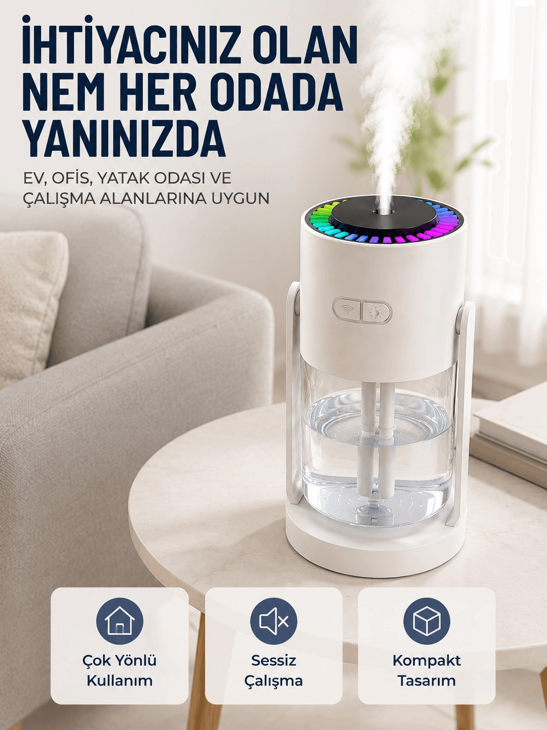 Ultrasonik Hava Nemlendirici Renkli Led Işıklı Sessiz Oda Nemlendirme Cihazı