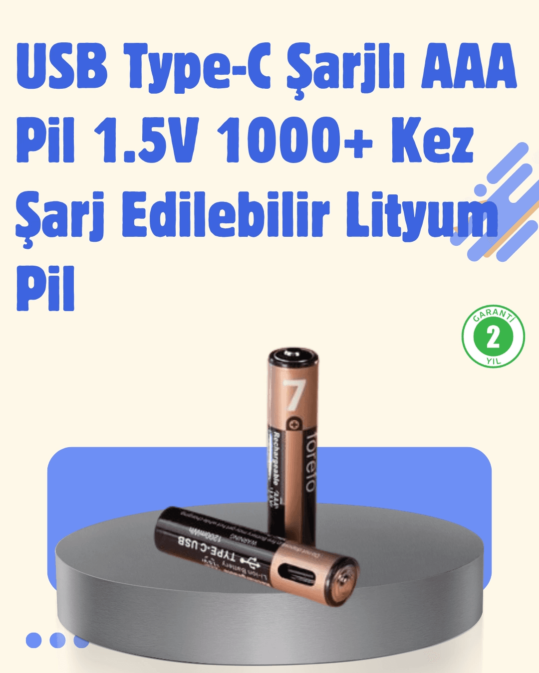 Usb Type-c Şarjlı Aaa Lityum Pil | 1.5v Sabit Voltaj, 1000+ Şarj Döngüsü İle Uzun Ömür