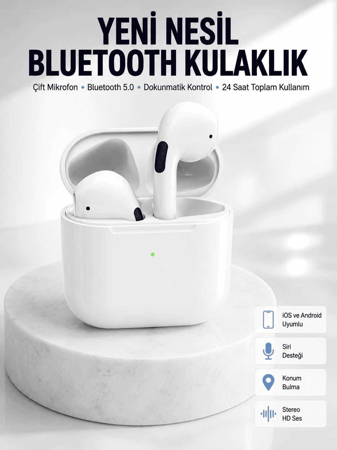 Yeni Nesil Bluetooth Kulaklık Beyaz Çağrı Cevaplayabilen Kablosuz