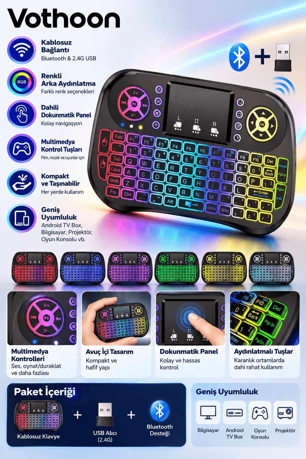 Zk-08 Rgb Işıklı Mini Kablosuz Klavye Touchpad Bluetooth Ve 2.4g Smart Tv Kumandası